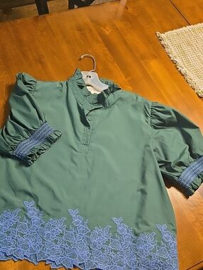 Green Ruffled-Neck Women's Top